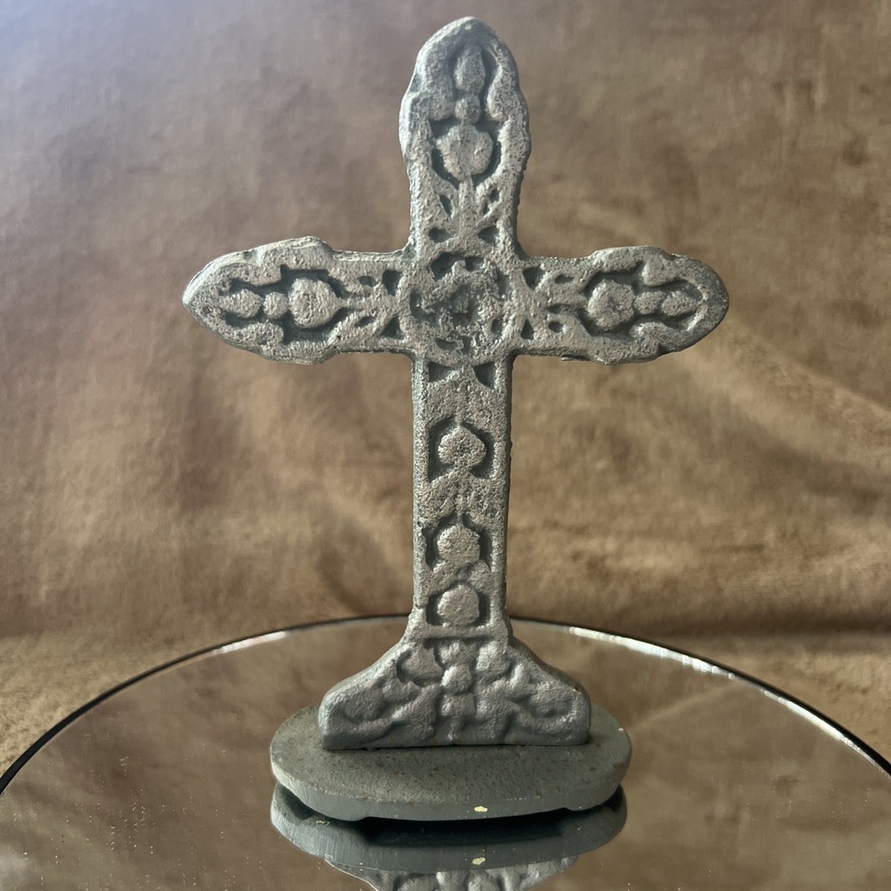 Vintage Cast Iron‎ Cross on Stand - Double Sided Rustic 6 in tall 4 inches long